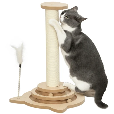 PawHut Cat Scratching Post, 49cm Cat Scratcher with Sisal Post, Interactive Track Ball Toy, Hanging Toy Ball, Feather, 4 in 1 Small Kitten Cat Scratch Post, Oak