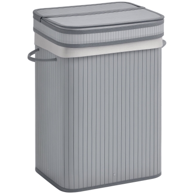 Kosz na pranie bambusowy 70L z pokrywą i uchwytami, szary