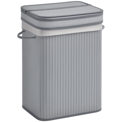 Kosz na pranie bambusowy 70L z pokrywą i uchwytami, szary