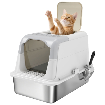 PawHut Stainless Steel Litter Box with Lid, Extra Large Hooded Cat Litter Tray for Big Cats with Front-Entry and Top-Exit, Scoop, Deodorizer Bag, Non-Sticky, Odour Control and Easy Clean