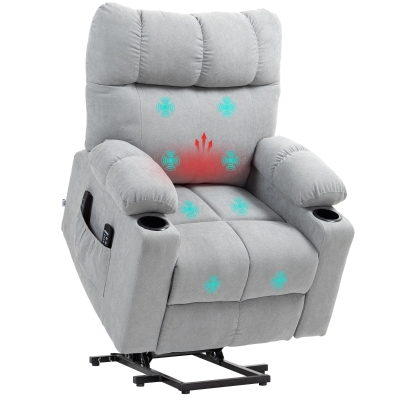 HOMCOM Fotel z funkcją podnoszenia, elektryczny fotel relaksacyjny z funkcją masażu, fotel telewizyjny z funkcją ogrzewania, fotel kinowy w optyce flaneli, jasnoszary 91 x 95 x 109 cm