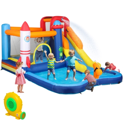 Zjeżdżalnia dmuchana z basenem, ścianką wspinaczkową, skok.