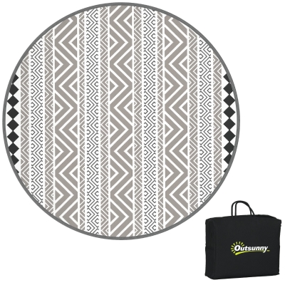 Outsunny Rund Dywan Zewnętrzny Dwustronny z Torbą, Wodoszczelny Dywan Zewnętrzny z Tworzywa Sztucznego do Ogrodu, Tarasu, Kempingu, 180 cm, Szary+Czarny