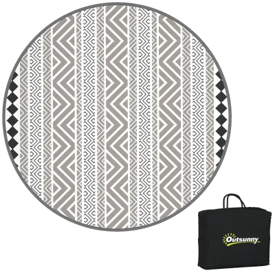 Outsunny Rund Dywan Zewnętrzny Dwustronny z Torbą, Wodoszczelny Dywan Zewnętrzny z Tworzywa Sztucznego do Ogrodu, Tarasu, Kempingu, 180 cm, Szary+Czarny
