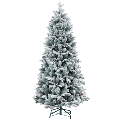 HOMCOM 6ft Artificial Flocked Christmas Tree with 1489 Snow Tips, Pinecones, Metal Stand, Hinged Xmas Tree for Home Office Holiday, Green