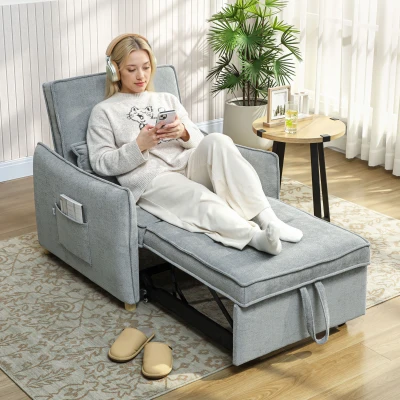 HOMCOM Schlafsessel 1‑Sitzer 3‑in‑1, Clic‑Clac Schlafsessel aus Chenille, breite Sitzfläche verstellbare Rückenlehne, 88x84x87cm, grau