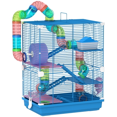 PawHut 5 Tier Hamster Cage Carrier Habitat w/ Exercise Wheels, Tunnel, Blue