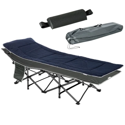 Łóżko campingowe składane z poduszką i kieszenią boczną