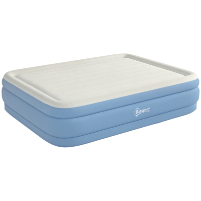 Outsunny Materac dmuchany dla 2 osób, materac kempingowy z wbudowanym poduszką, zintegrowana pompą elektryczną, Jasnoniebieski, 203 x 152 x 46 cm