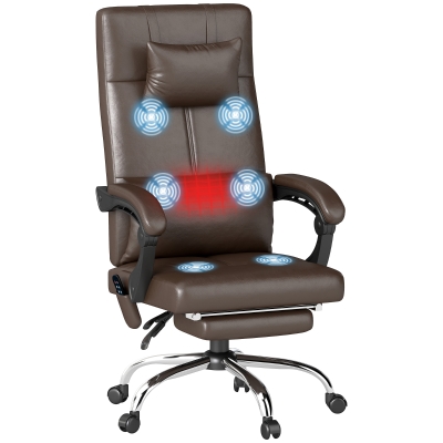 Vinsetto Bureaustoel met Massagefunctie, Ergonomische Directiestoel met Verwarming, Ligfunctie, Lendensteun en Hoofdkussen, In Hoogte Verstelbare Draaistoel met Kiepfunctie, Voetensteun, Koffie