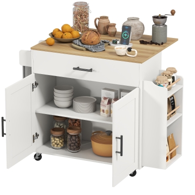 HOMCOM Wyspa Kuchenna na Kółkach z Składanym Blatem, Szafka Kuchenna z Szufladą, Półką na Przyprawy, Półką, Wieszakiem na Ręcznik, Wózek Serwisowy, Wózek na Kółkach do Kuchni i Jadalni 120x68x85cm Biały