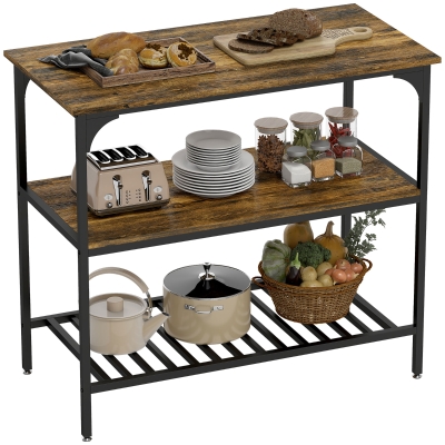 HOMCOM Regał kuchenny, 3-poziomowy stojak z dużym blatem roboczym, Industrialny regał na pieczywo ze stalowym ramieniem, do jadalni, kuchni, salonu, 100 x 50 x 90 cm, Rustykalny brąz + czarny