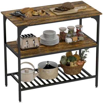 HOMCOM Regał kuchenny, 3-poziomowy stojak z dużym blatem roboczym, Industrialny regał na pieczywo ze stalowym ramieniem, do jadalni, kuchni, salonu, 100 x 50 x 90 cm, Rustykalny brąz + czarny