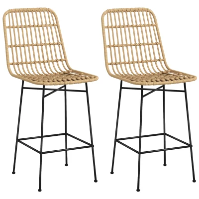 HOMCOM Taborety Barowe 2 szt., Stołek Barowy z Oparciem z PE-Rattan, Stołki Przybarowe w Stylu Boho, Krzesła Kuchenne dla Kuchni, Jadalni, Stal, Żółty