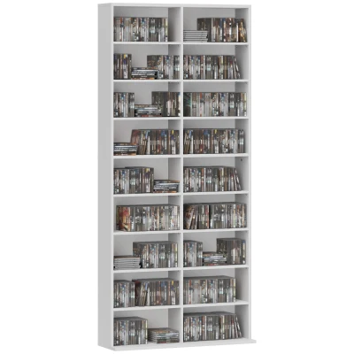 HOMCOM 640 CD/360 DVD Storage Unit, 430 Blu-ray Media Storage Shelf with 18 Compartments and 14 Adjustable Shelves, 175 cm Tall CD Tower Bookshelf Bookcase for Living Room, Office, White