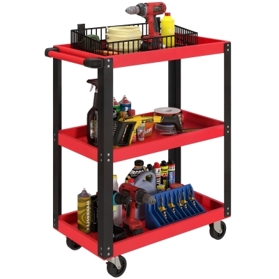 HOMCOM Heavy Duty Tool Trolley, 120kg Capacity 3-Tier Tool Trolley on Wheels with Lockable Casters and Handle, Utility Service Cart for Garage and Workshop, Red