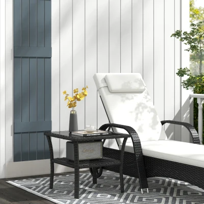 Outsunny Masă de grădină din polyrattan, 50 x 50 x 45 cm, măsuță rezistentă la intemperii pentru 4 persoane, pătrată cu poliță și blat din sticlă