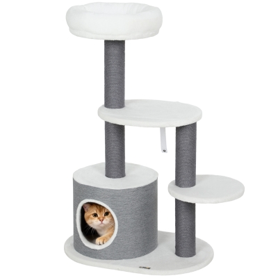 PawHut Drapak dla Kota 98 cm Wieża z Jaskinią, Słupy do Drapania, 3 Platformy, Wielopoziomowy Drapak dla Kota, Drzewo Wspinaczkowe, dla Kotów do 4 kg, Szary+Biały