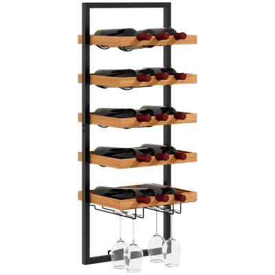HOMCOM Wall-Mounted Wine Rack, 5-Tier Hanging Bottle Holder with Glass Rack for 15 Bottles and 4 Glasses, Pine Wood Wine Racks for Wall, Home Bar, Kitchen, Living Room, Brown