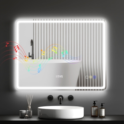 HOMCOM 700 x 900 mm Bluetooth Bathroom Mirror with LED Lights, Illuminated Backlit Wall Mounted Vanity Mirror with 3 Colours Dimmable, Clock, Anti-Fog, Memory & Touch Switch, IP44