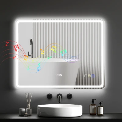 HOMCOM 700 x 900 mm Bluetooth Bathroom Mirror with LED Lights, Illuminated Backlit Wall Mounted Vanity Mirror with 3 Colours Dimmable, Clock, Anti-Fog, Memory & Touch Switch, IP44