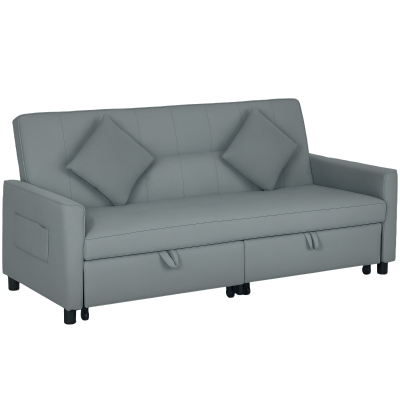 HOMCOM Sofa rozkładana 3-w-1, 3-osobowa kanapa 196x90 cm z funkcją spania, regulowane oparcie, narożnik z poduszkami, styl welur, do salonu, sypialni, szary