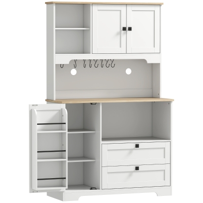 HOMCOM Pantry Cabinet with 3 Doors 2 Drawers 3 Door Shelves 8 Hooks Large Countertop White