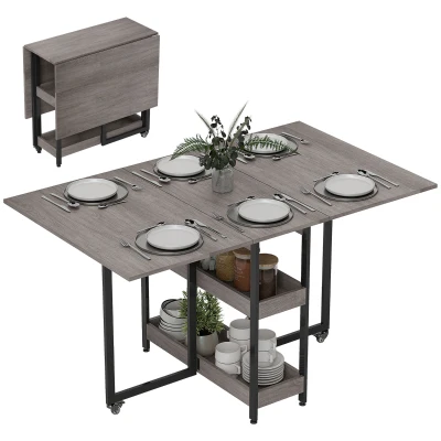 HOMCOM Industrial Folding Dining Table, Drop Leaf Table with Open Compartments for Small Spaces, Kitchen, Dining Room, Grey Wood-Effect