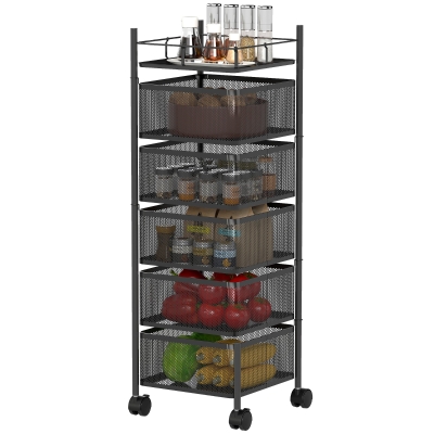 Wózek kuchenny HOMCOM z 5 poziomami, obrotowymi koszami, uchwytem, na kółkach, wszechstronny wózek do przechowywania, czarny