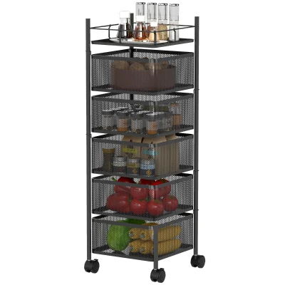 Wózek kuchenny HOMCOM z 5 poziomami, obrotowymi koszami, uchwytem, na kółkach, wszechstronny wózek do przechowywania, czarny