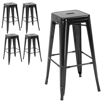 HOMCOM Zestaw 4 Stołków Barowych, Barhocker z Podnóżkiem, Metalowe Stołki Kuchenne, Stosowalne, Czarne