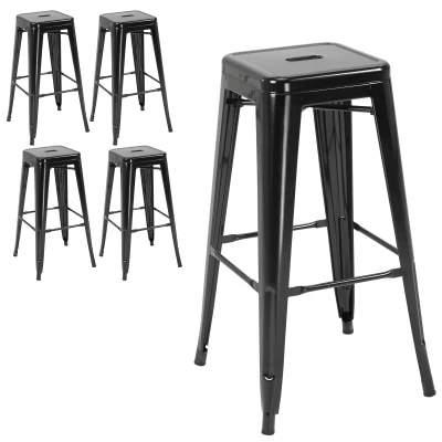 HOMCOM Zestaw 4 Stołków Barowych, Barhocker z Podnóżkiem, Metalowe Stołki Kuchenne, Stosowalne, Czarne