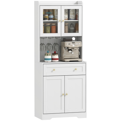 HOMCOM Szafka Kuchenna, Bufet z Blatem Roboczym, Regulowanymi Półkami, 4 Drzwiami, Szufladą, Szafka na Zapasy, Wysoka Szafka z Funkcją Soft-Close, Otwór na Kable, 68 x 38 x 170 cm, Biały