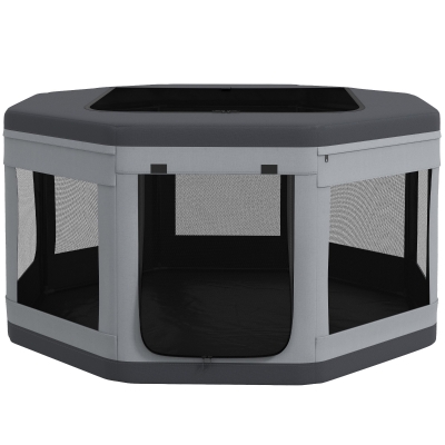 PawHut Welpenauslauf Welpenlaufstall z torbą transportową, Ośmiokątny Zwierzak-Stall z oknem z siatki, dla małych zwierząt, Tkanina Oxford, Szary