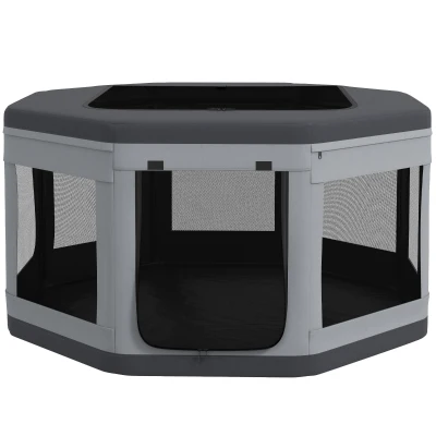 PawHut Welpenauslauf Welpenlaufstall z torbą transportową, Ośmiokątny Zwierzak-Stall z oknem z siatki, dla małych zwierząt, Tkanina Oxford, Szary