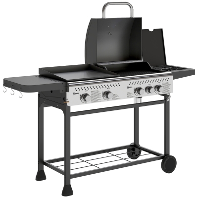 Outsunny Barbecue a Gas con Piastra e Fornello con Coperchio Nero