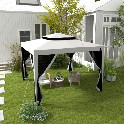 Outsunny 3 x 3 m Gazebo, Netting Party Tent, Patio Canopy Outdoor Event Shelter with Double Tier Roof, Light Grey