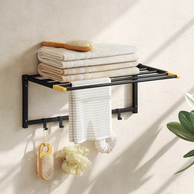 HOMCOM Toalheiro de Parede Dobrável com 5 Barras e 6 Ganchos Suporte para Toalhas para Casa de Banho Dobrável e Compacto 60x32,5x20 cm Preto