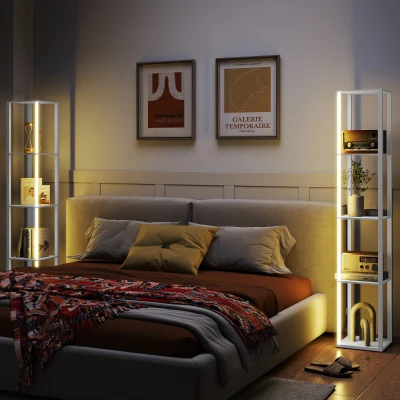 HOMCOM LED Floor Lamp with Shelves, Remote, White