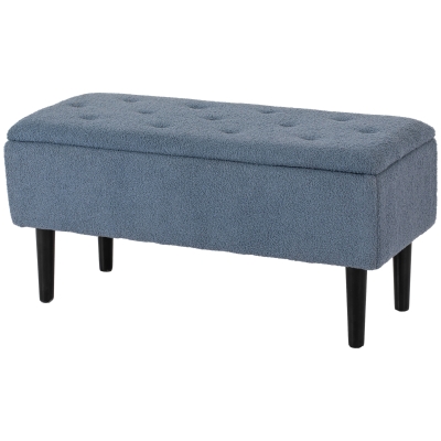 HOMCOM Banc de rangement coffre de rangement revêtement bouclette, pieds en bois de caoutchouc 95 x 38 x 45 cm bleu
