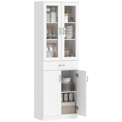 HOMCOM Keukenkast Buffetkast met verstelbare plank, lade, 2 deuren, hoge kast met glazen deur 60 x 35 x 180 cm Wit