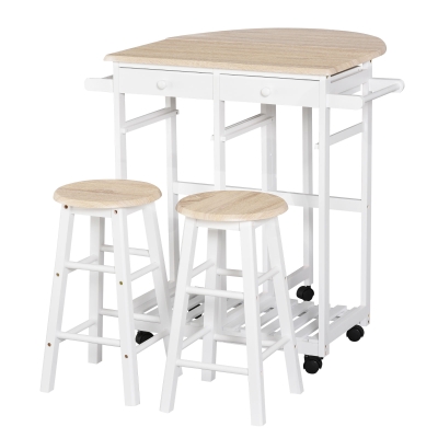 HOMCOM Foldable Kitchen Trolley Island Set with Casters 2 Barstool Chairs Folding Table Drop Leaf Storable Bottom Apartment Dorm