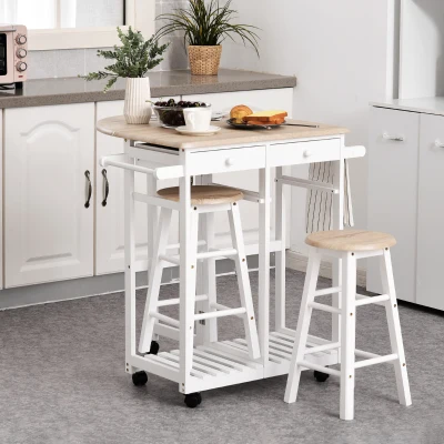 HOMCOM Foldable Kitchen Trolley Island Set with Casters 2 Barstool Chairs Folding Table Drop Leaf Storable Bottom Apartment Dorm