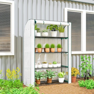 Outsunny Mini Greenhouse with Reinforced PE Cover, Portable Indoor Outdoor Green House with Roll-up Door, 170 x 120 x 50cm, White