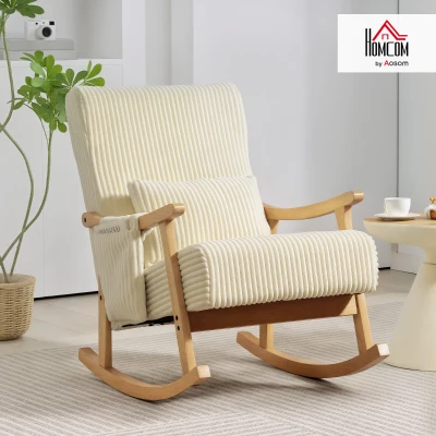 HOMCOM Silla Mecedora de Pana con Cojín Lumbar Patas y Reposabrazos de Madera de Caucho Bolsillo Estilo Moderno Beige