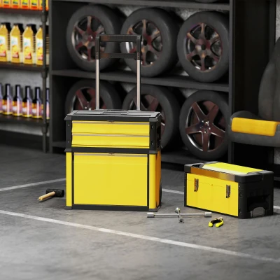 HOMCOM Caja de Herramientas con Ruedas Apilable Carro de Herramientas de Acero con Bandeja Mango Telescópico Amarillo y Negro