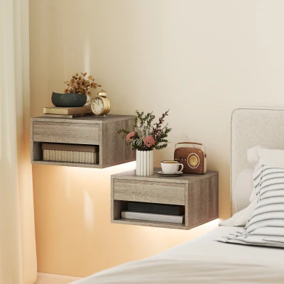 HOMCOM Conjunto de 2 Mesas de Cabeceira Flutuantes com Luzes LED RGB Controlo por APP e Prateleira Aberta 37x32x21 cm Madeira