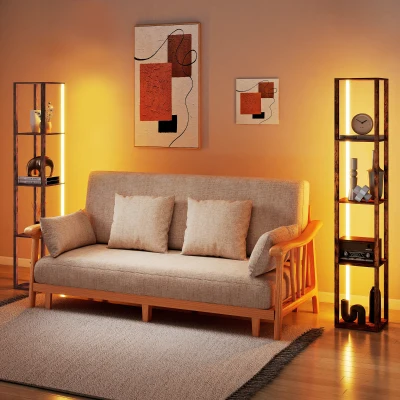 HOMCOM LED Floor Lamp with Shelves, Remote, Rustic Brown