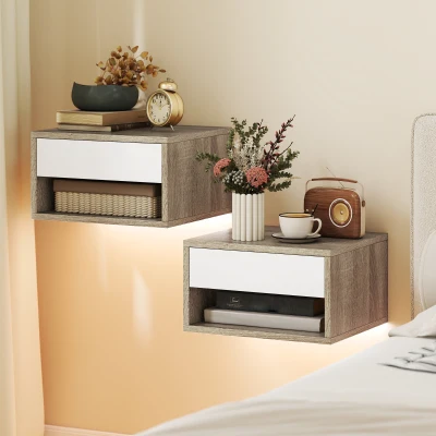 HOMCOM Conjunto de 2 Mesas de Cabeceira Flutuantes com Luzes LED RGB Controlo por APP e Prateleira Aberta 37x32x21 cm Madeira e Branco