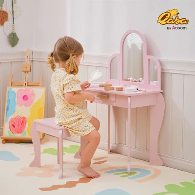 HOMCOM Kids Dressing Table Set, with Mirror and Drawer - Pink